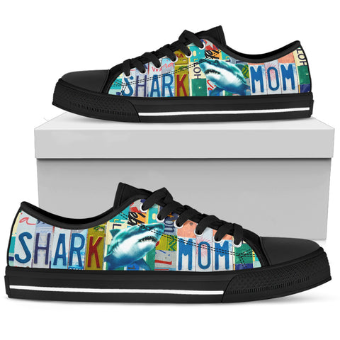 Shark Mom Print Black Low Top Canvas Shoes for Women