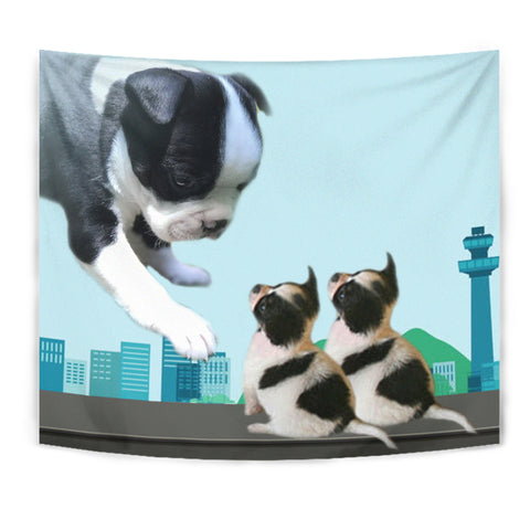 Boston Terrier With Puppies Print Tapestry