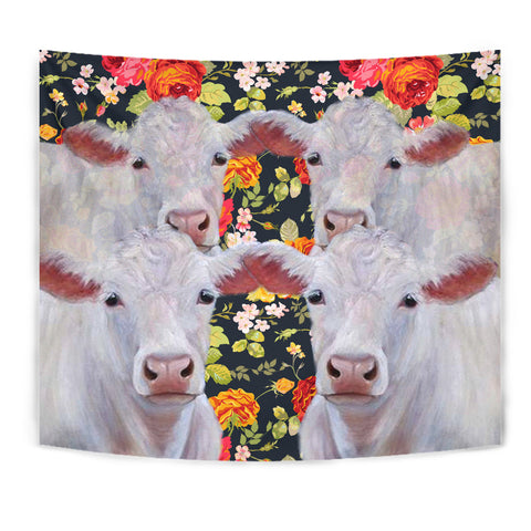 Charolais Cattle (Cow) Floral Print Tapestry