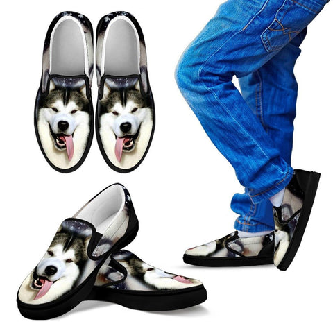 Alaskan Malamute Dog Print Slip Ons (Black) For Kids Express Shipping