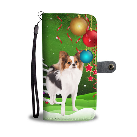 Papillon Dog Christmas Green Print Wallet Case