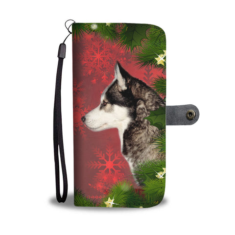 Siberian Husky Dog On Red Christmas Print Wallet Case