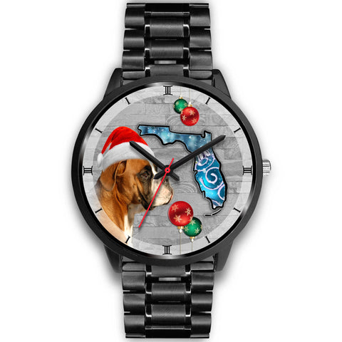 Boxer Dog On Christmas Florida Black Wrist Watch