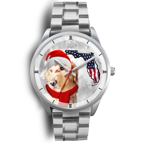 Golden Retriever On Christmas Florida Silver Wrist Watch
