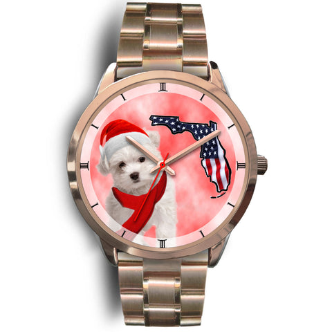 Cute Maltese On Christmas Florida Golden Wrist Watch