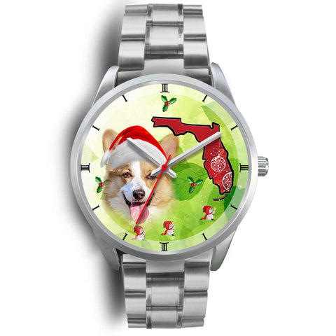 Pembroke Welsh Corgi On Christmas Florida Silver Wrist Watch