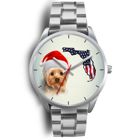 Cute Yorkie On Christmas Florida Silver Wrist Watch