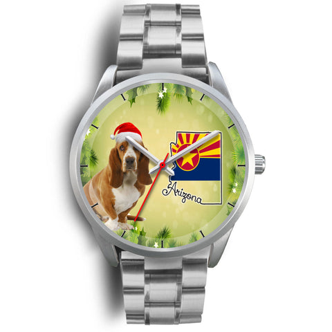 Cute Basset Hound On Christmas Arizona Silver Wrist Watch