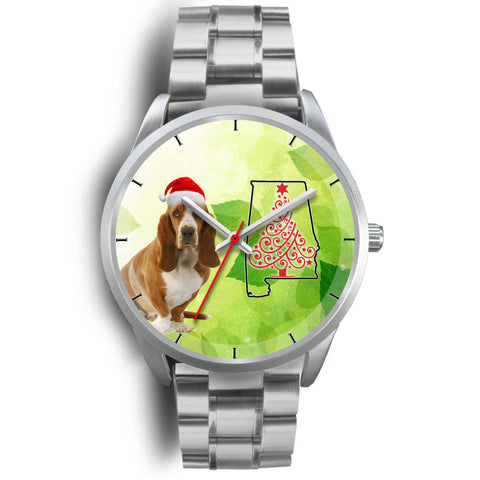 Cute Basset Hound On Christmas Alabama Silver Wrist Watch