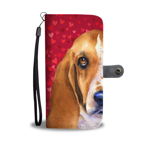 Basset Hound Dog On Red Hearts Print Wallet Case