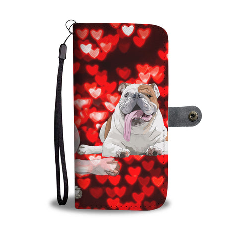 Bulldog On Red Hearts Print Wallet Case