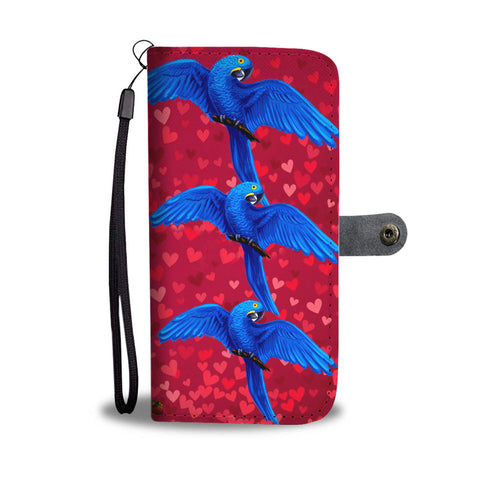 Hyacinth Macaw Parrot On Red Hearts Print Wallet Case