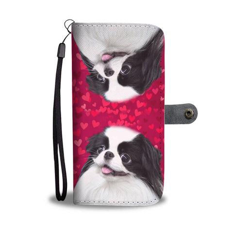 Japanese Chin Dog On Red Hearts Print Wallet Case