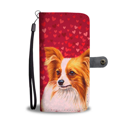 Papillon Dog On Red Hearts Print Wallet Case