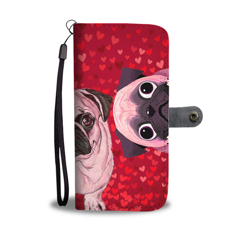 Pug Dog On Red Hearts Print Wallet Case