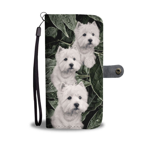 Cute Westie On Green Leaves Print Wallet Case