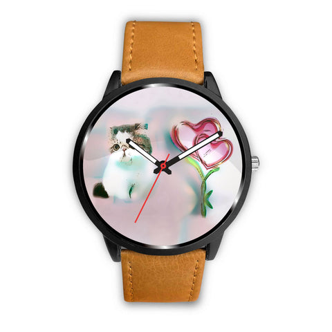 White Exotic Shorthair Cat With Love Rose Print Wrist Watch