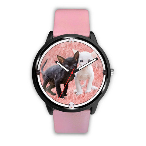 Cornish Rex Cat On Pink Print Wrist Watch