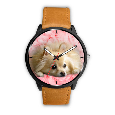 Pomeranian On Pink Print Wrist Watch