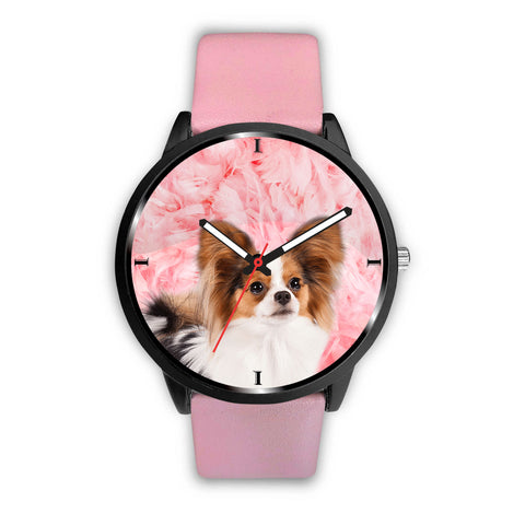 Cute Papillon Dog On Pink Print Wrist Watch