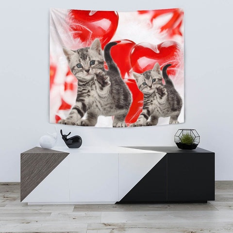 American Shorthair Cat On Red Print Tapestry