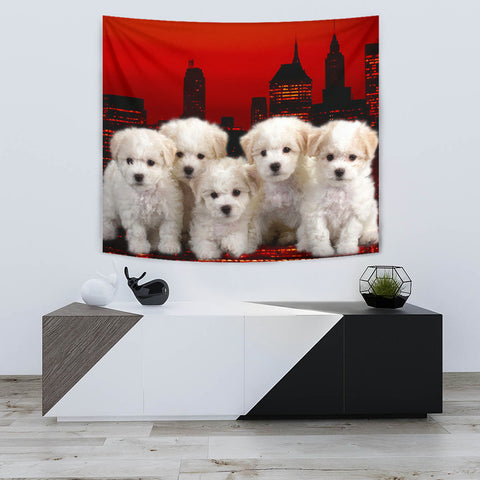 Bichon Frise Puppies On Red Print Tapestry