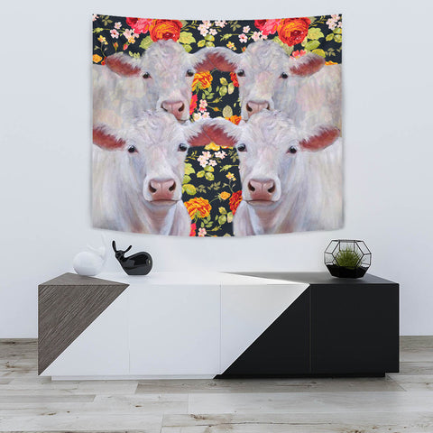 Charolais Cattle (Cow) Floral Print Tapestry