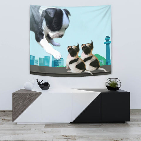 Boston Terrier With Puppies Print Tapestry