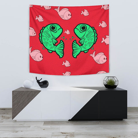 Fish Print On Red Tapestry