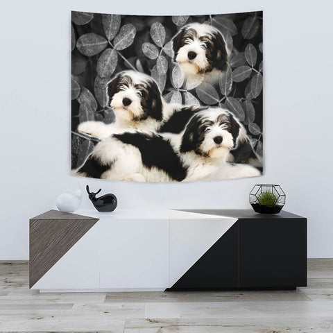 Lovely Polish Lowland Sheepdog On Black Print Tapestry