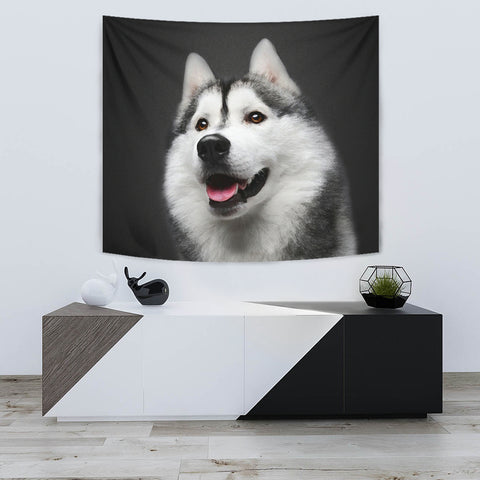 Siberian Husky On Black Print Tapestry