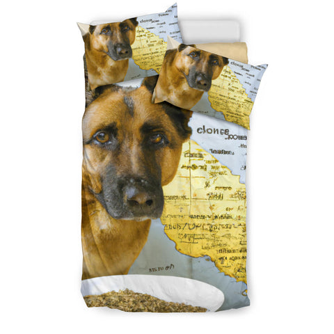 [AI Generated] German Shepherd with a bowl from california Bedding Set