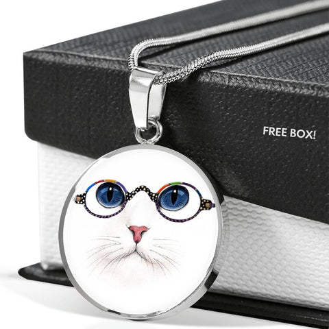 Cute Cat With Glasses Print Circle Pendant Luxury Necklace