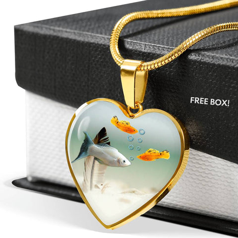 Mollies Fish Print Heart Charm Necklace
