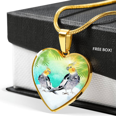 Cockatiel Parrot Art Print Heart Charm Necklace