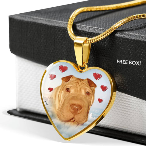 Cute Shar Pei Print Heart Pendant Luxury Necklace