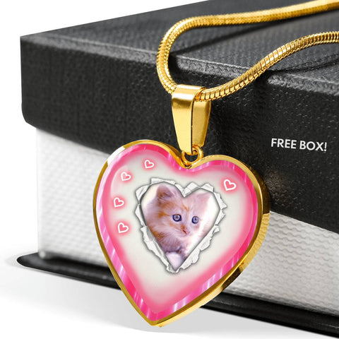 Cute Kitten Print Heart Charm Necklaces