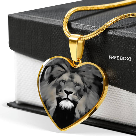 Lion Grey Art Print Heart Charm Necklaces