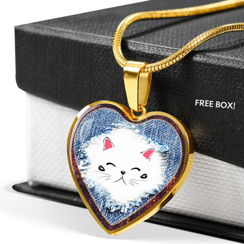 Cute Cat In Denim Print Heart Charm Necklaces