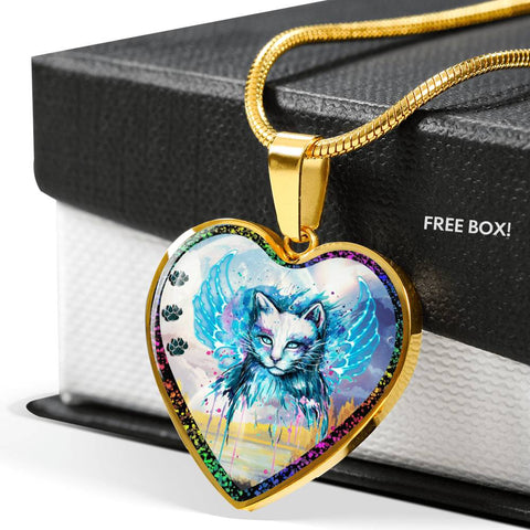 Cat Watercolor Art Print Heart Charm Necklaces