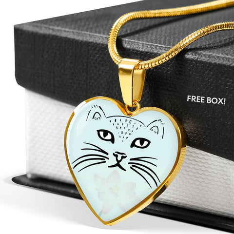 Cute Cat Face Print Heart Pendant Luxury Necklace