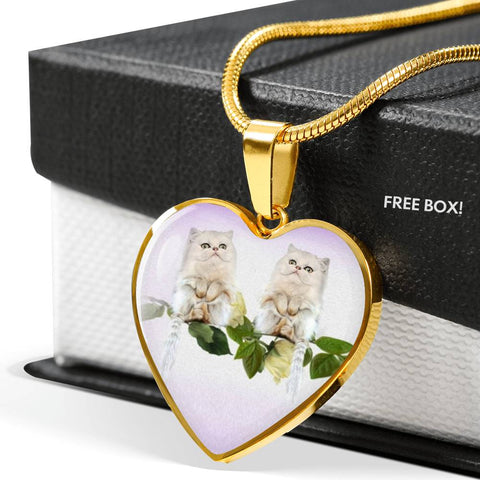 White Persian Cat Print Heart Pendant Luxury Necklace