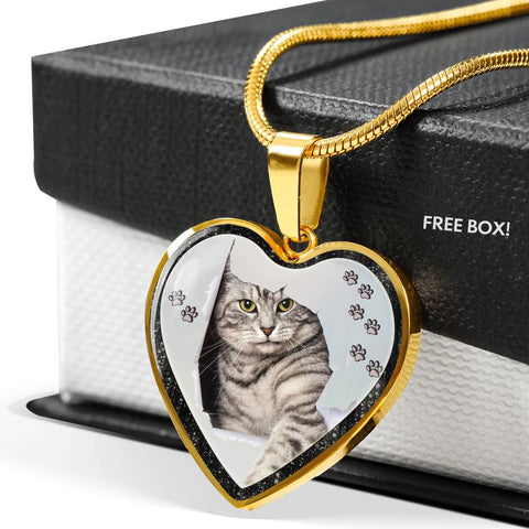 Charming Cat Art Print Heart Charm Necklaces