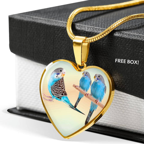 Blue Budgie Parrot Print Heart Charm Necklaces