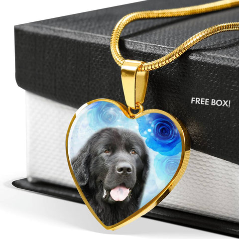 Newfoundland Dog Print Heart Pendant Luxury Necklace