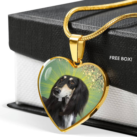 Saluki Dog Print Heart Pendant Luxury Necklace