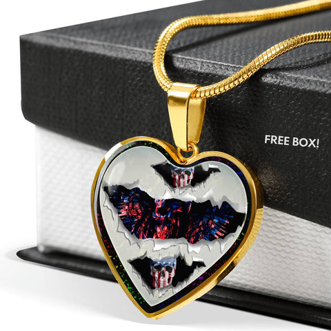 American Flag Skull Print Heart Charm Necklaces