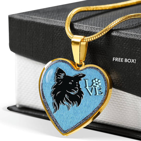 Papillon Dog On Denim Print Heart Charm Necklaces