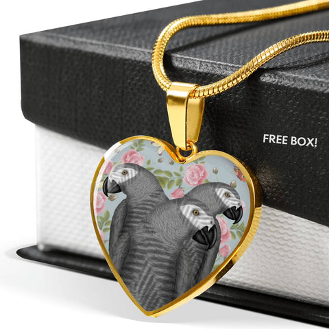 African Grey Parrot Print Heart Pendant Luxury Necklace