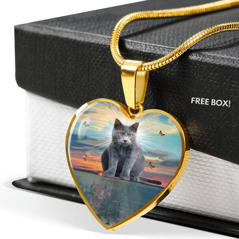 Cute Chartreux Cat Print Heart Pendant Luxury Necklace